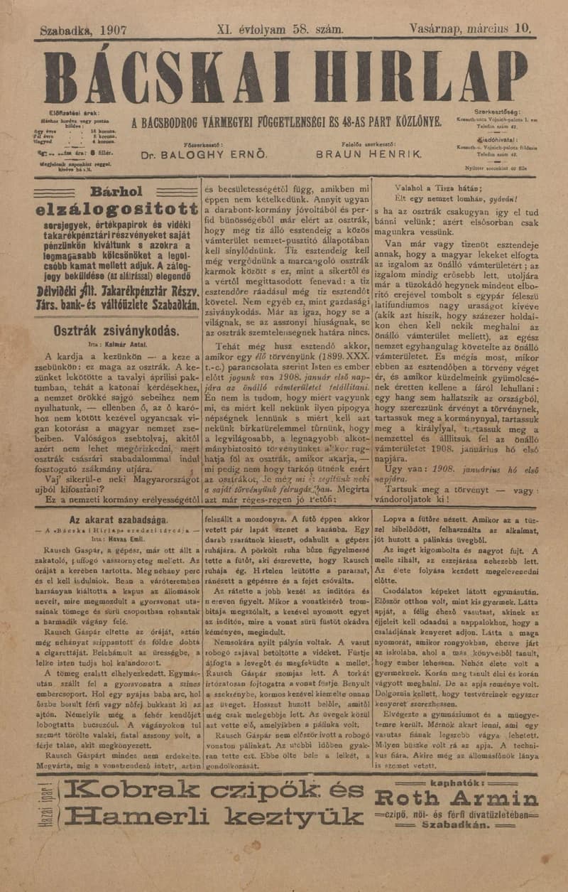 Bácskai Hirlap, 11. évf. 1907. március 10. 58. sz.