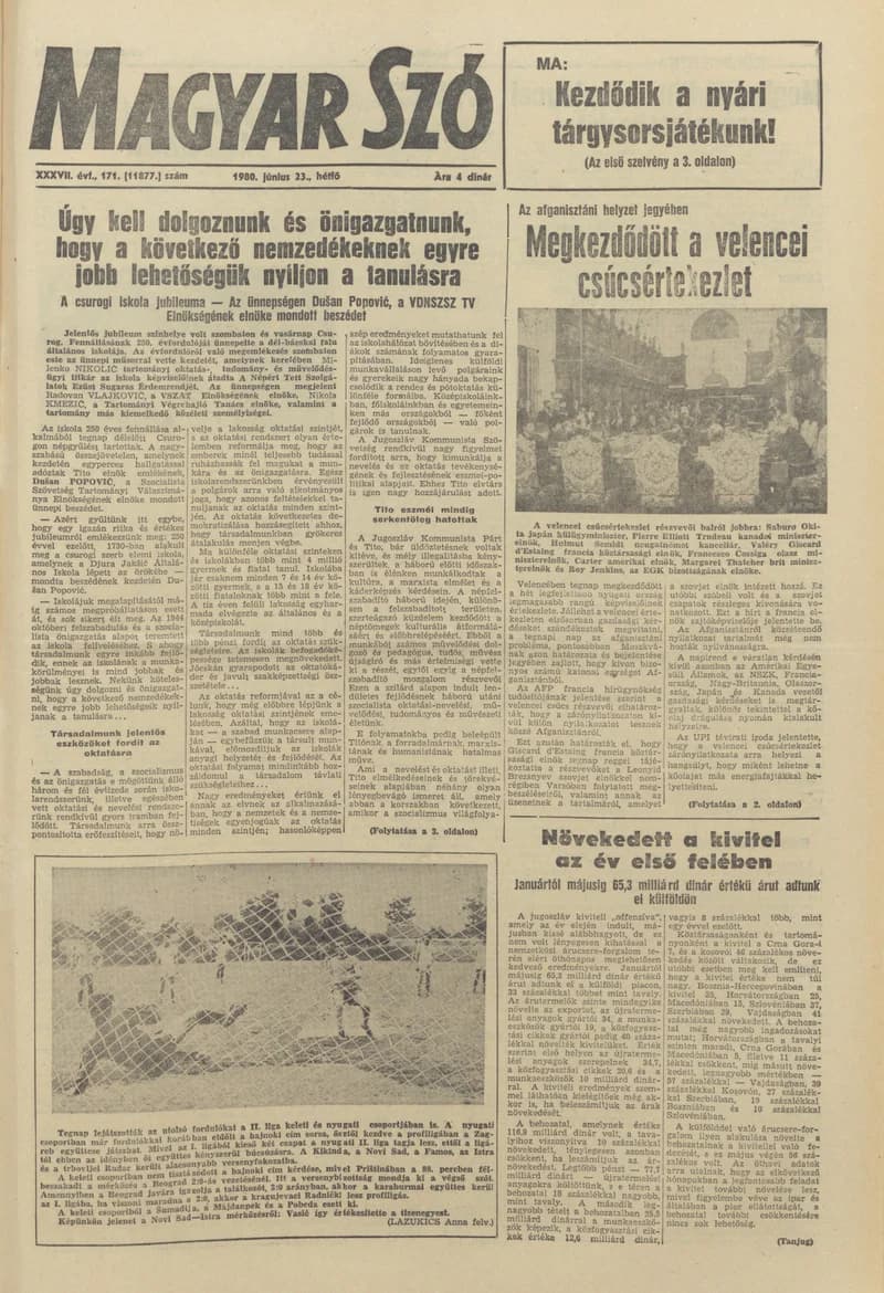 Magyar Szó, 37. évf. 1980. június 23. 171. sz. 1–16. oldal