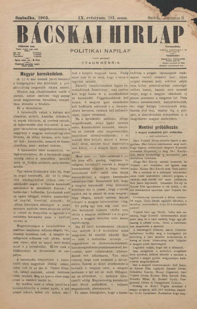 Bácskai Hirlap, 9. évf. 1905. augusztus 9. 181. sz.