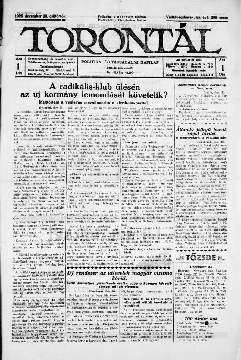 Torontál, 55. évf. 1926. december 30. 300. sz.