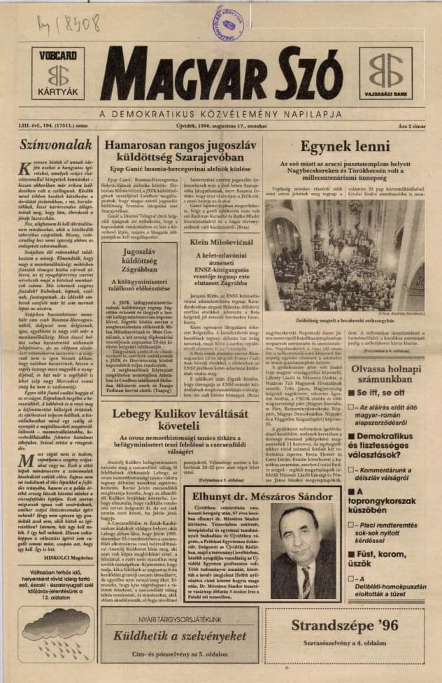 Magyar Szó, 53. évf. 1996. augusztus 17. 194. sz. 1–16. oldal