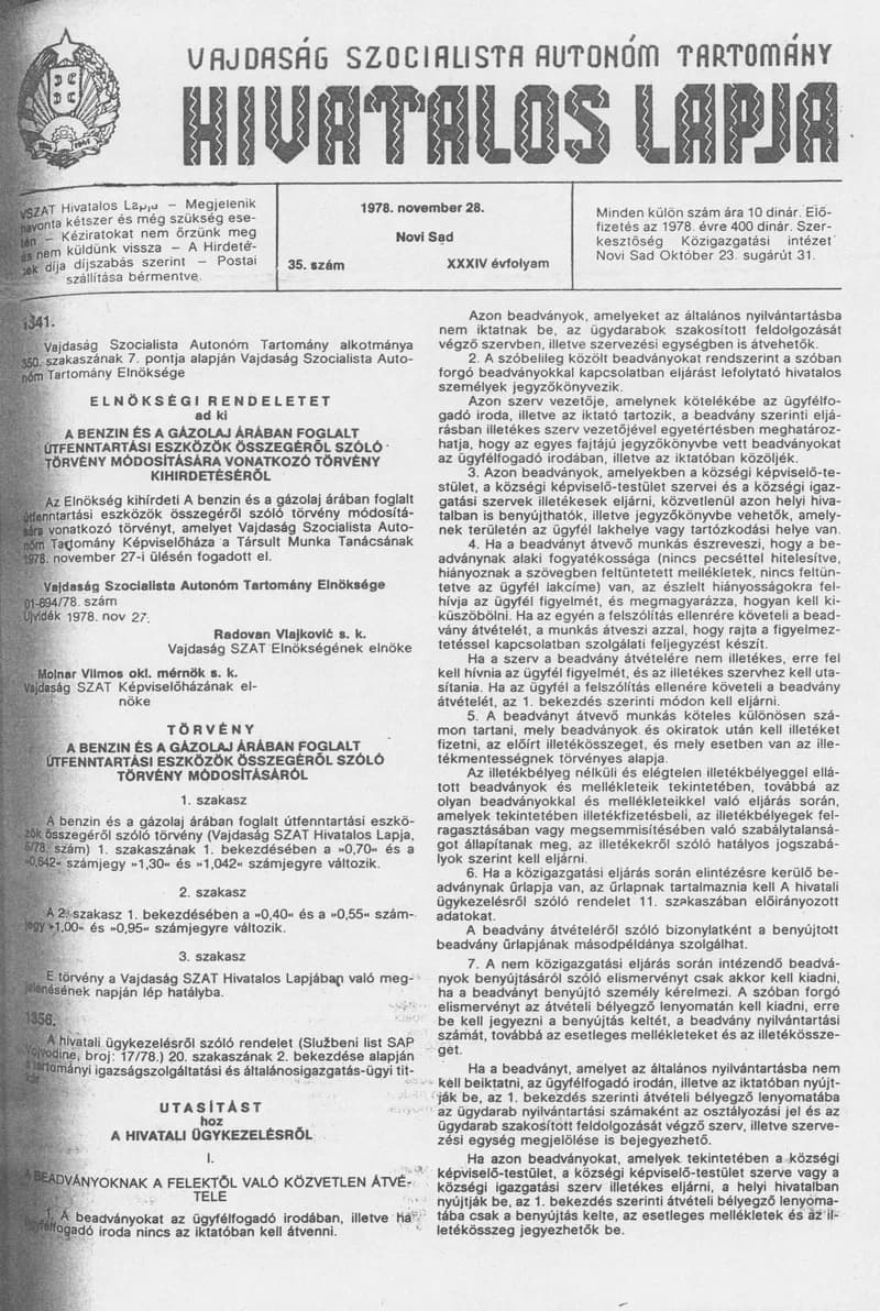 Vajdaság Szocialista Autonóm Tartomány Hivatalos Lapja, 34. évf. 1978. november 28. 35. sz. 1521–1556. oldal