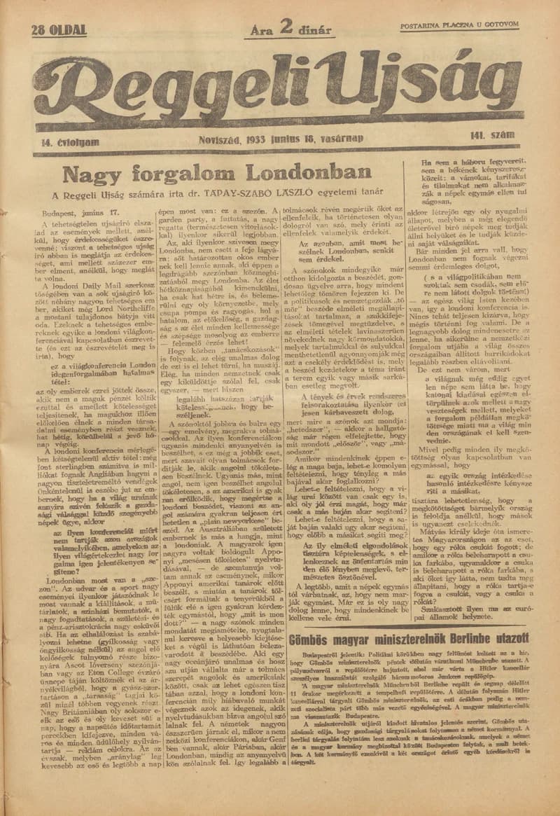 Reggeli Újság, 14. évf. 1933. június 18. 141. sz.