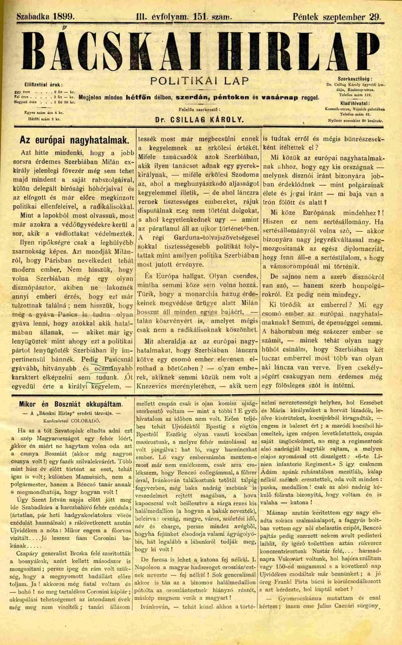 Bácskai Hirlap, 3. évf. 1899. szeptember 29. 151. sz.