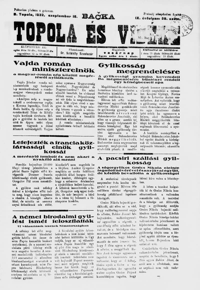 Bačka Topola és Vidéke, 9. évf. 1932. szeptember 18. 38. sz.