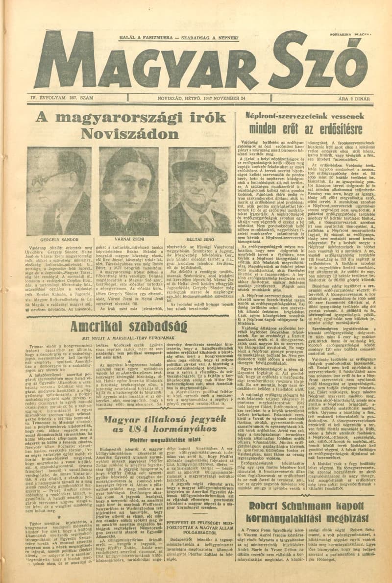 Magyar Szó, 4. évf. 1947. november 24. 287. sz. 1–4. oldal