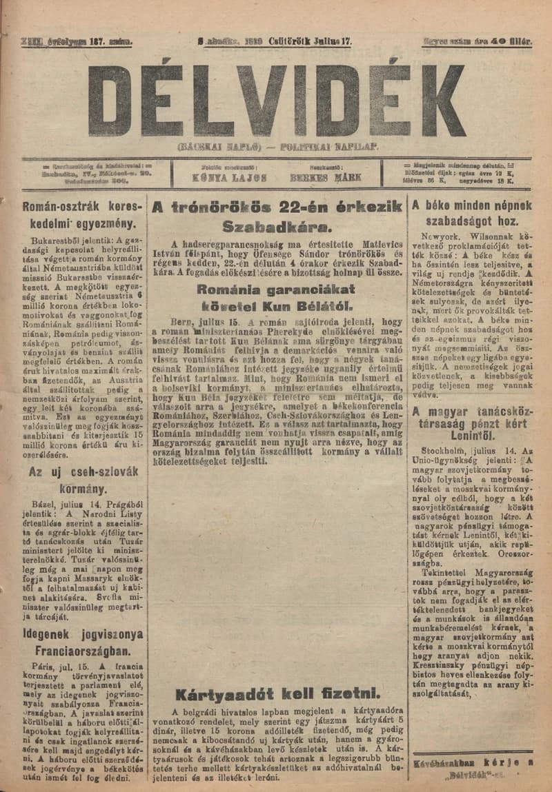 Délvidék, 13. évf. 1919. július 17. 137. sz.