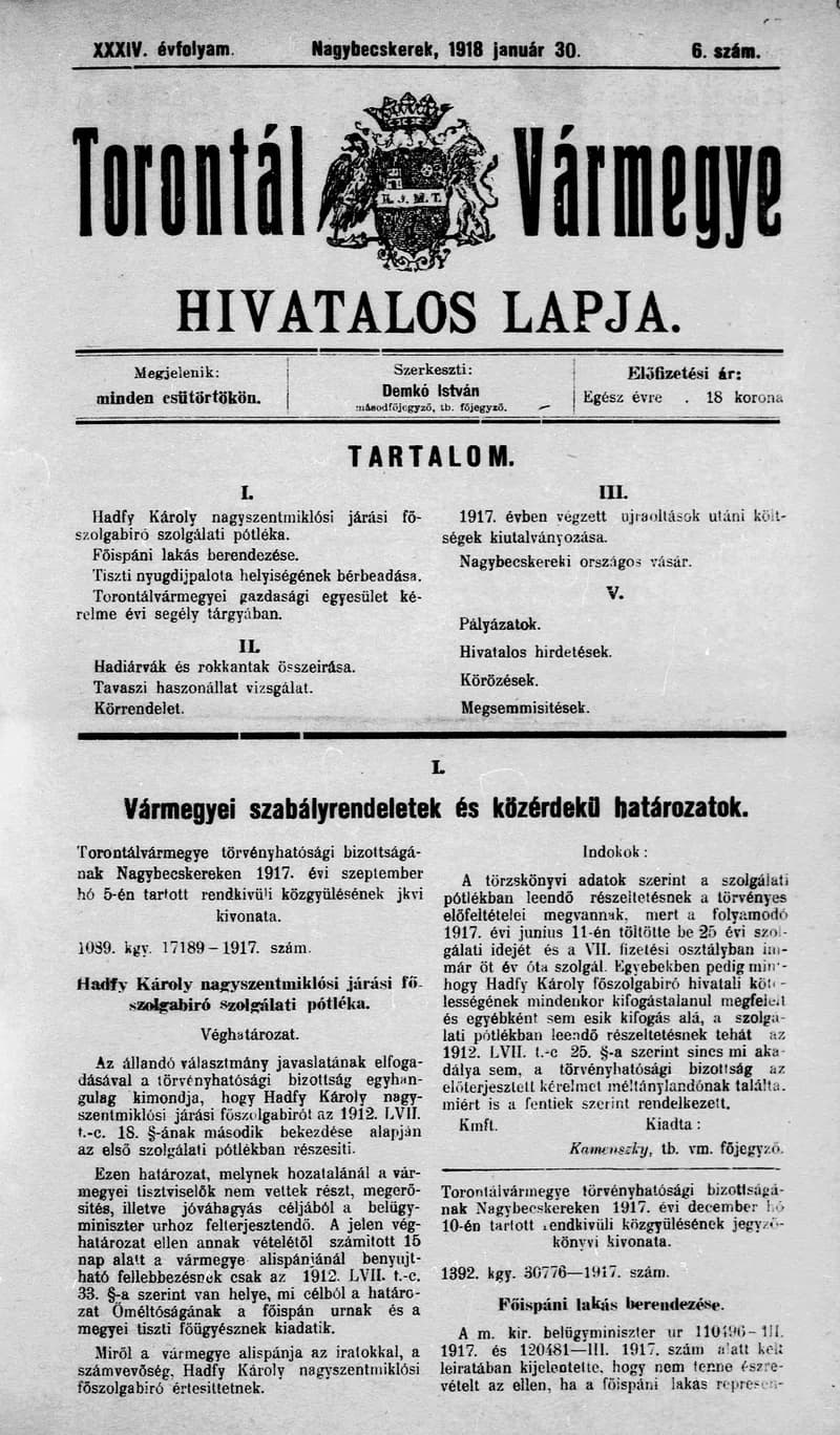 Torontál Vármegye Hivatalos Lapja, 34. évf. 1918. január 30. 6. sz.