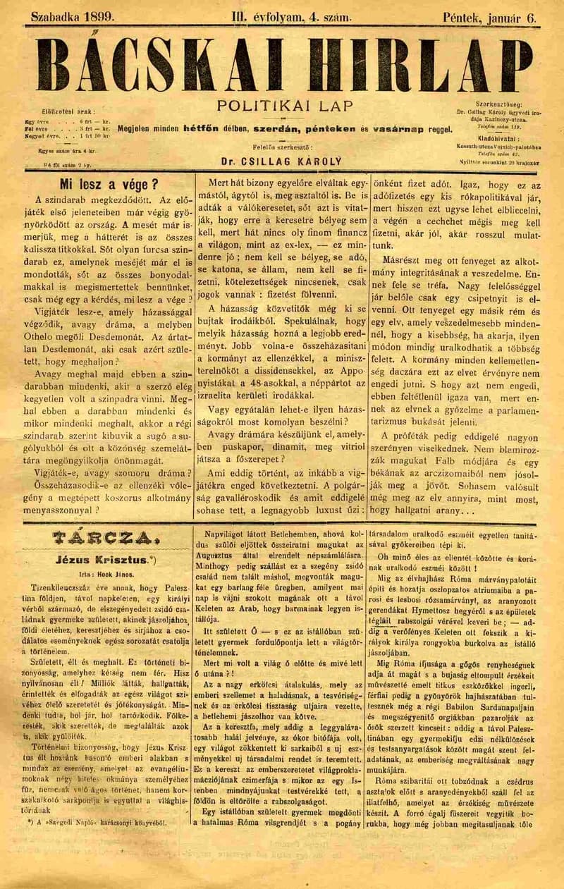 Bácskai Hirlap, 3. évf. 1899. január 6. 4. sz. 1–4. oldal
