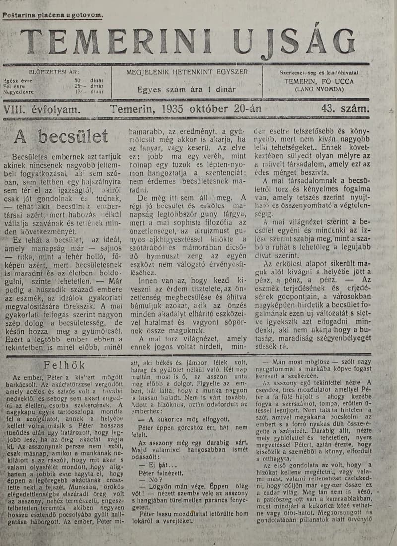 Temerini Újság 1928-1944, 8. évf. 1935. október 20. 43. sz.