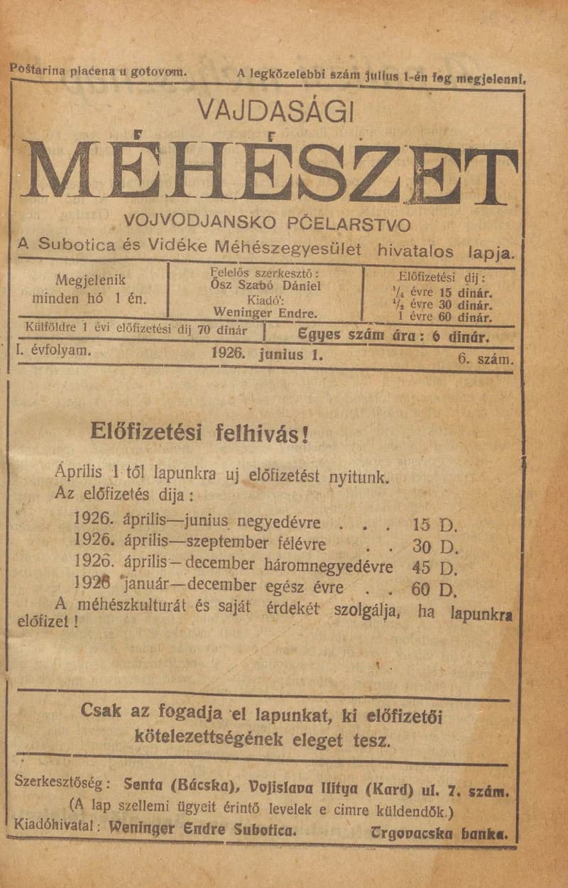 Vajdasági méhészet, 1. évf. 1926. június 1. 6. sz.