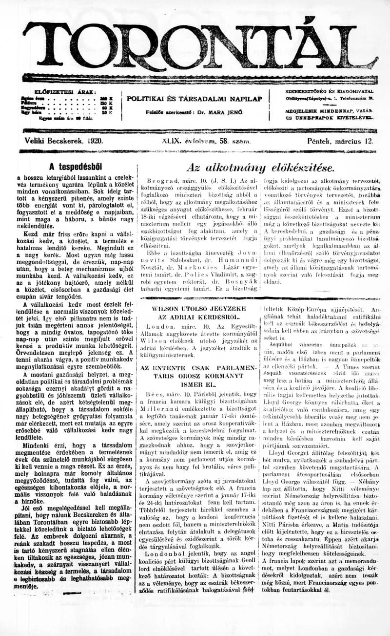 Torontál, 49. évf. 1920. március 12. 58. sz.