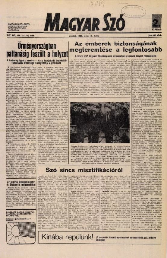 Magyar Szó, 45. évf. 1988. július 18. 196. sz. 1–16. oldal