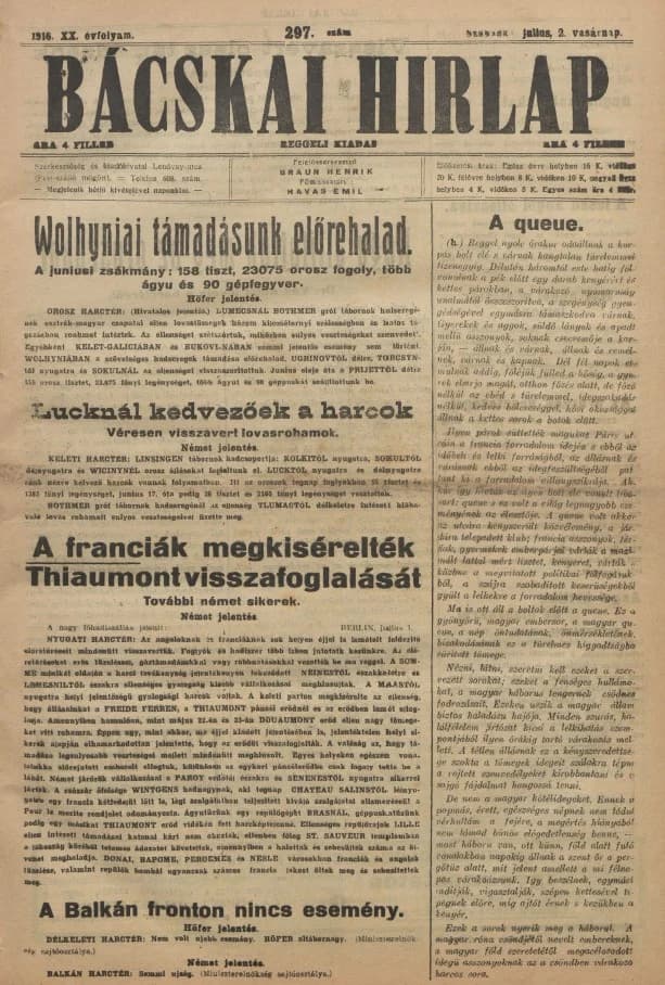 Bácskai Hirlap, 20. évf. 1916. július 2. 297. sz.