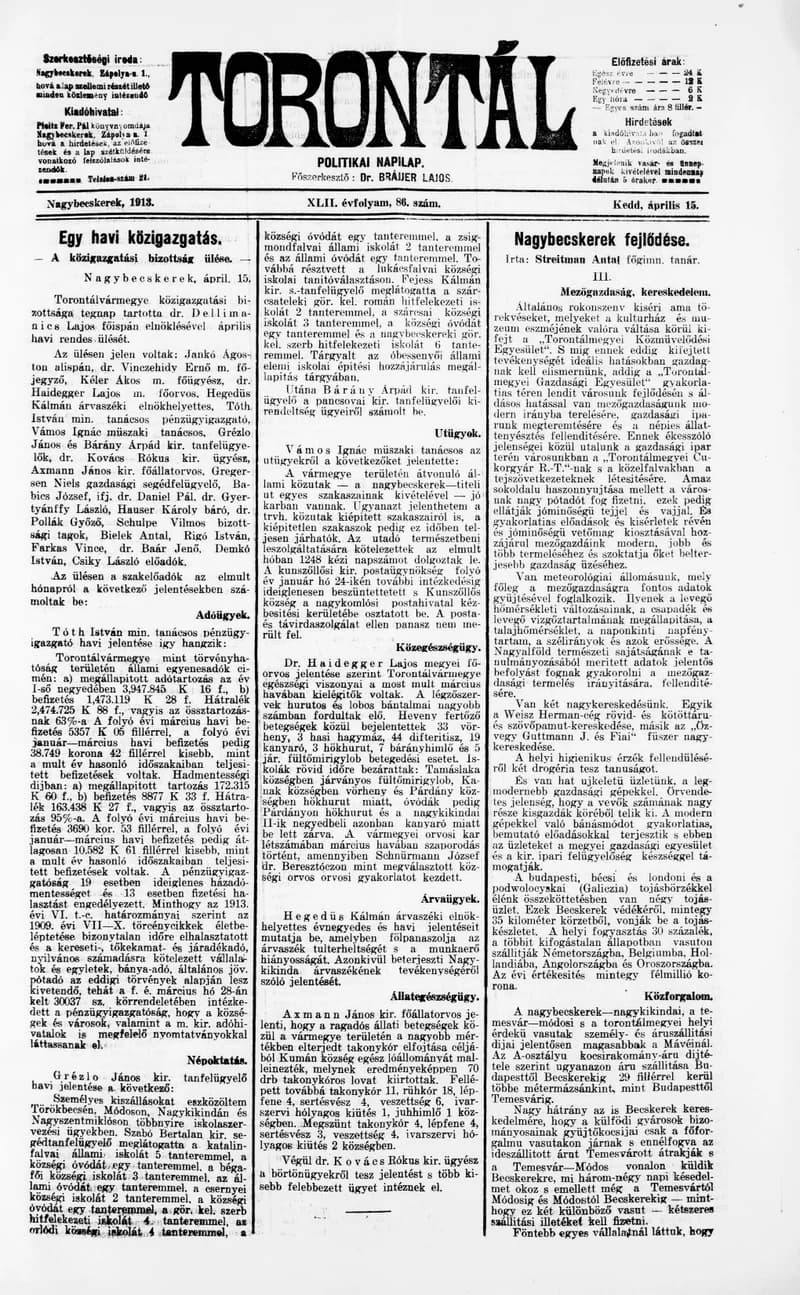 Torontál, 42. évf. 1913. április 15. 86. sz.