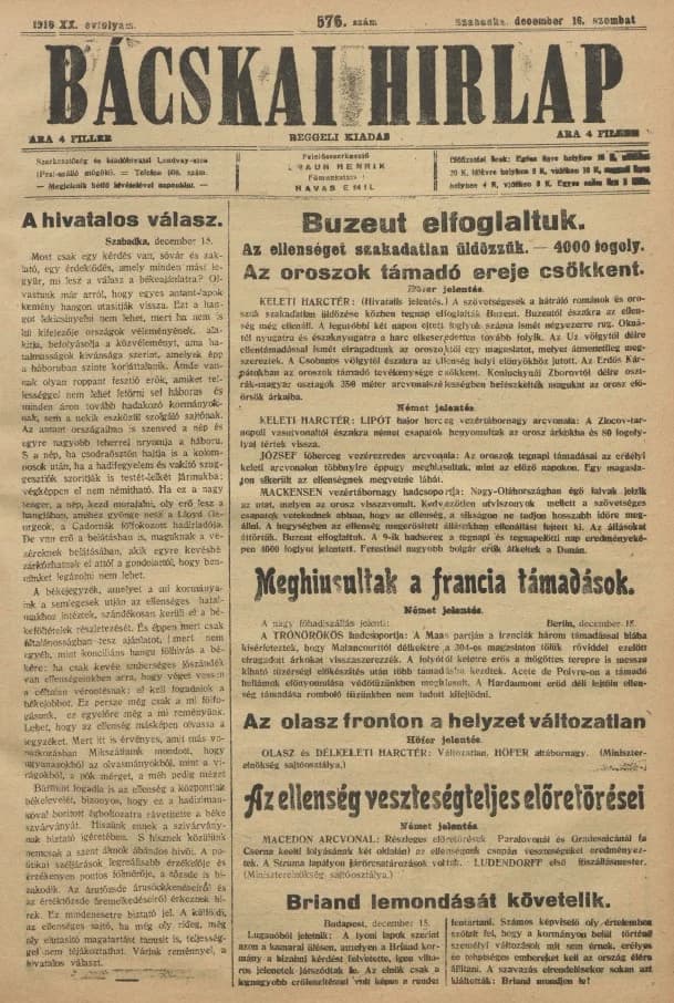 Bácskai Hirlap, 20. évf. 1916. december 16. 576. sz.