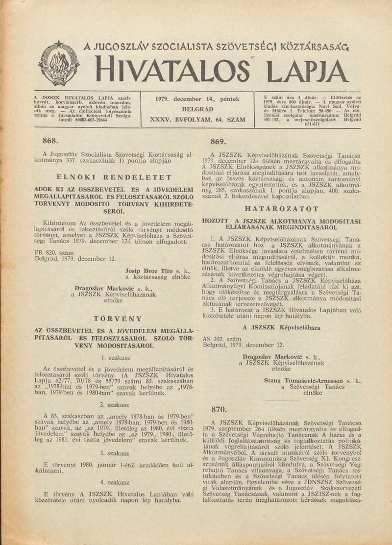 A Jugoszláv Szocialista Szövetségi Köztársaság Hivatalos Lapja, 35. évf. 1979. december 14. 64. sz. 1869–1876. oldal