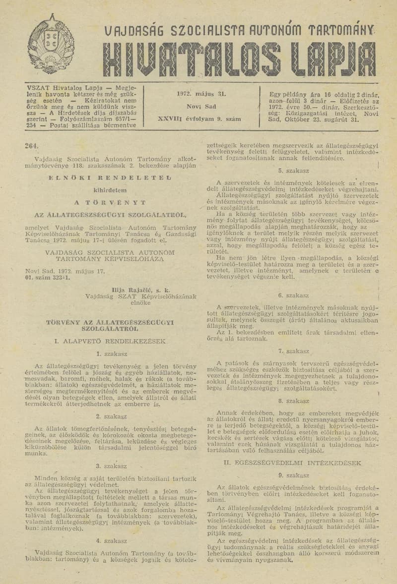 Vajdaság Szocialista Autonóm Tartomány Hivatalos Lapja, 28. évf. 1972. május 31. 9. sz. 389–400. oldal