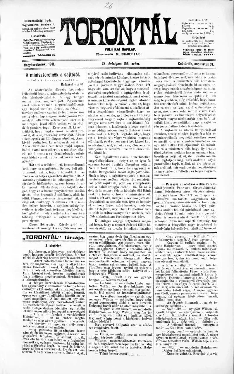 Torontál, 40. évf. 1911. augusztus 31. 198. sz.