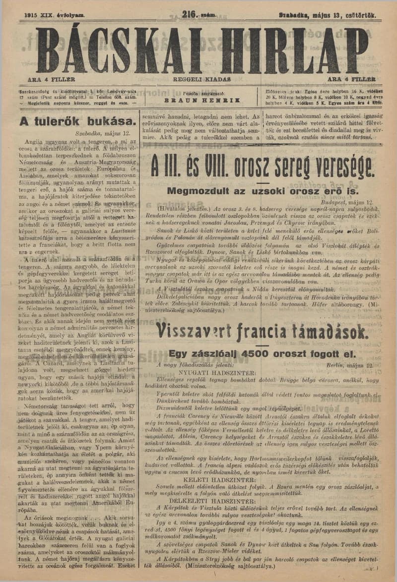 Bácskai Hirlap, 19. évf. 1915. május 13. 216. sz.