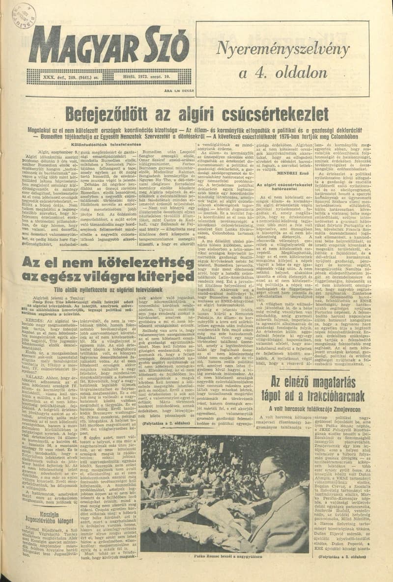 Magyar Szó, 30. évf. 1973. szeptember 10. 249. sz. 1–6. oldal
