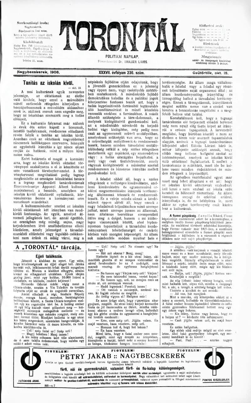 Torontál, 37. évf. 1908. október 15. 236. sz.