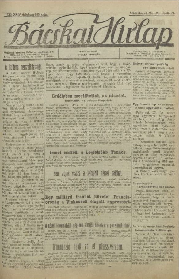 Bácskai Hirlap, 24. évf. 1920. október 28. 185. sz.