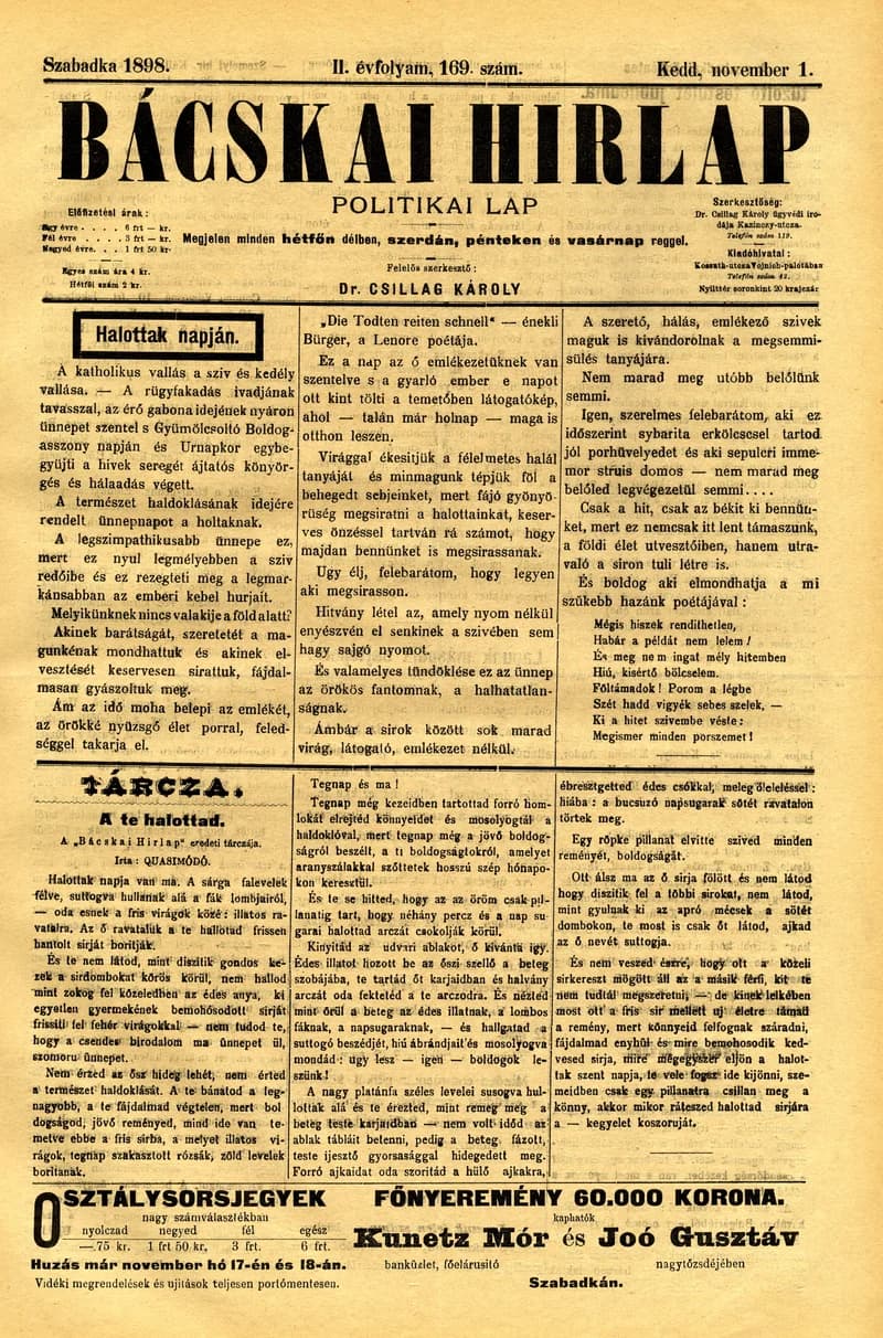 Bácskai Hirlap, 2. évf. 1898. november 1. 169. sz. 1–4. oldal