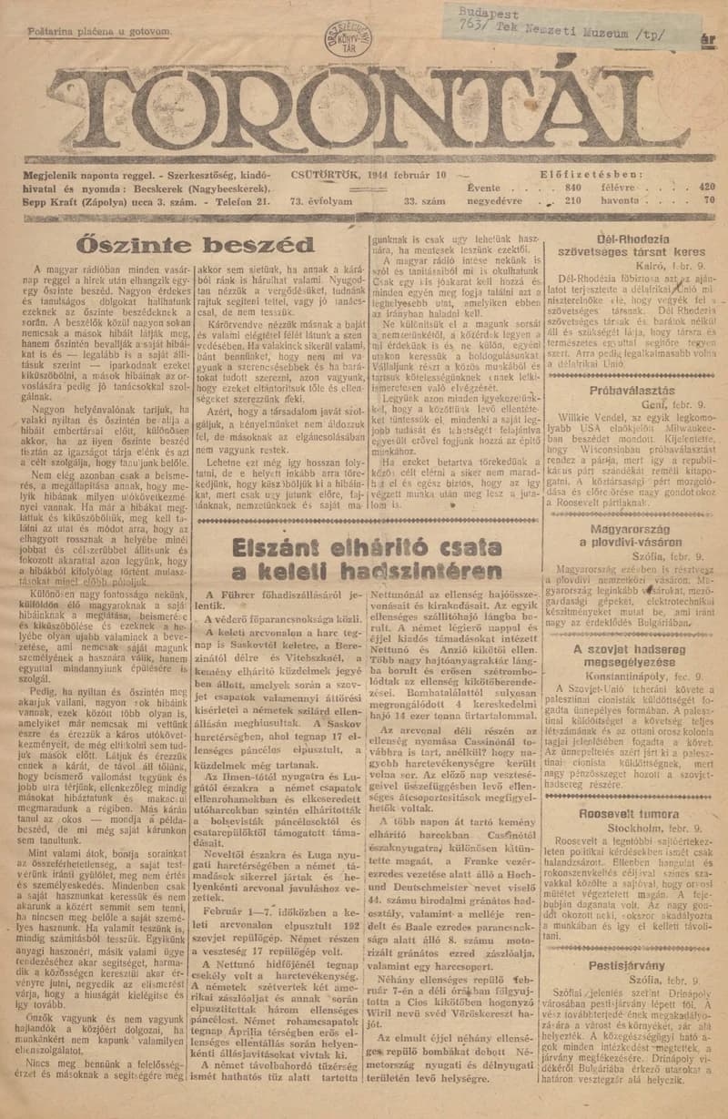 Torontál, 73. évf. 1944. február 10. 33. sz.