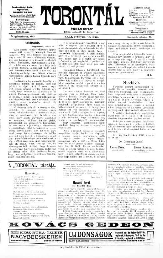 Torontál, 31. évf. 1902. március 29. 73. sz.
