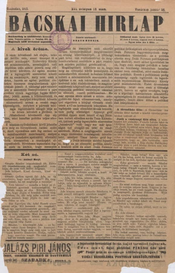 Bácskai Hirlap, 16. évf. 1912. január 28. 22. sz.