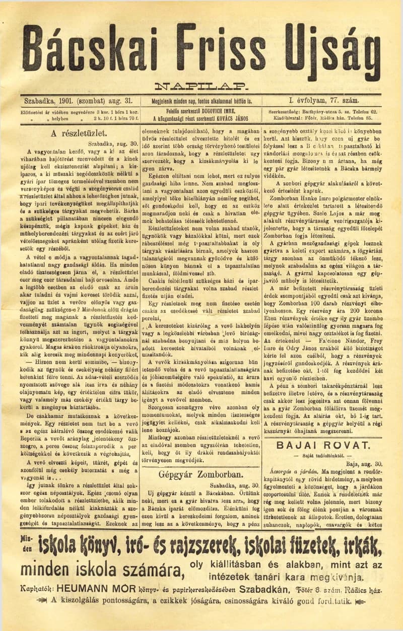 Bácskai Friss Ujság, 1. évf. 1901. augusztus 31. 77. sz.