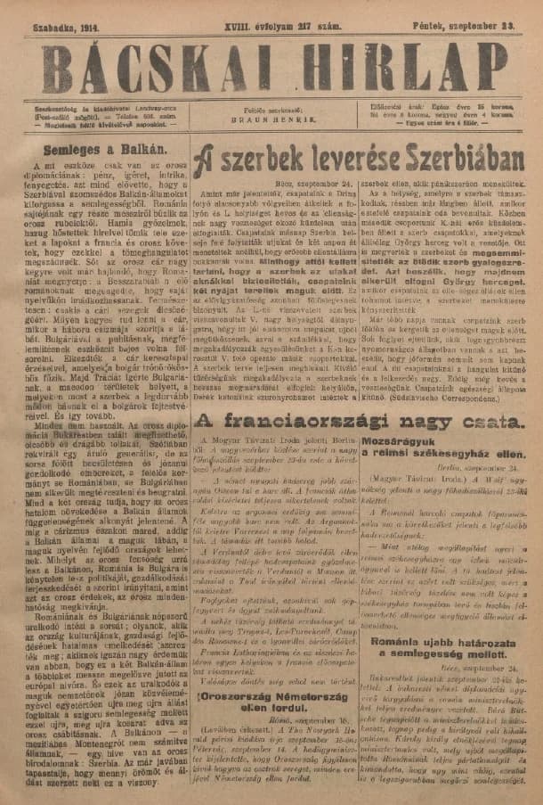 Bácskai Hirlap, 18. évf. 1914. szeptember 25. 217. sz.