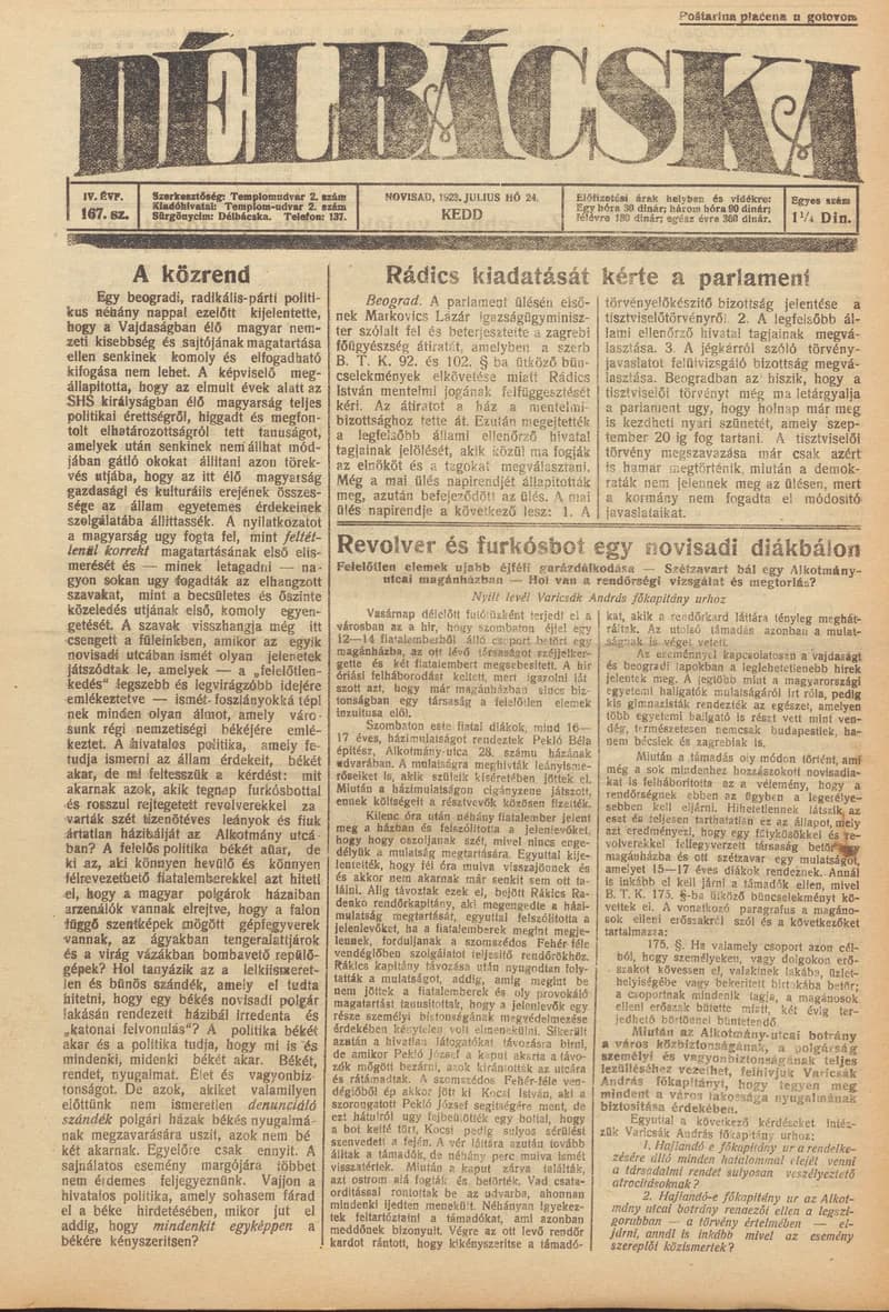 Délbácska, 4. évf. 1923. július 24. 167. sz.