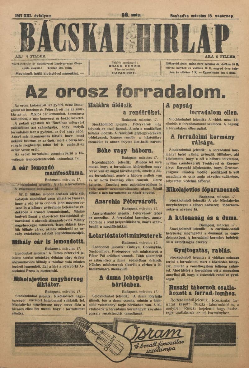 Bácskai Hirlap, 21. évf. 1917. március 18. 96. sz.