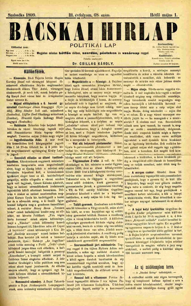 Bácskai Hirlap, 3. évf. 1899. május 1. 68. sz.