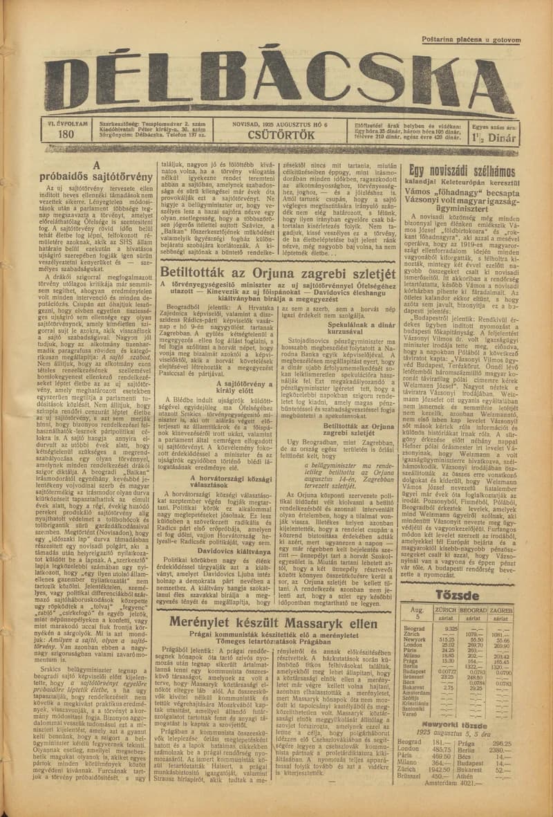 Délbácska, 6. évf. 1925. augusztus 6. 180. sz.