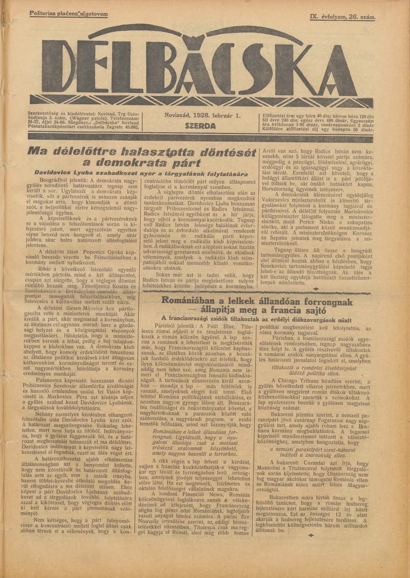 Délbácska, 9. évf. 1928. február 1. 26. sz.