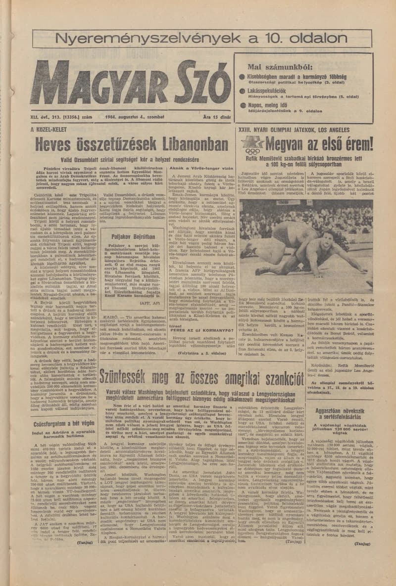 Magyar Szó, 41. évf. 1984. augusztus 4. 213. sz. 1–20. oldal