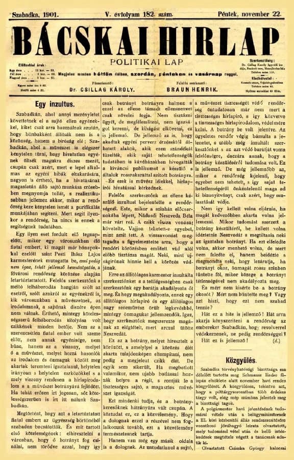 Bácskai Hirlap, 5. évf. 1901. november 22. 182. sz.