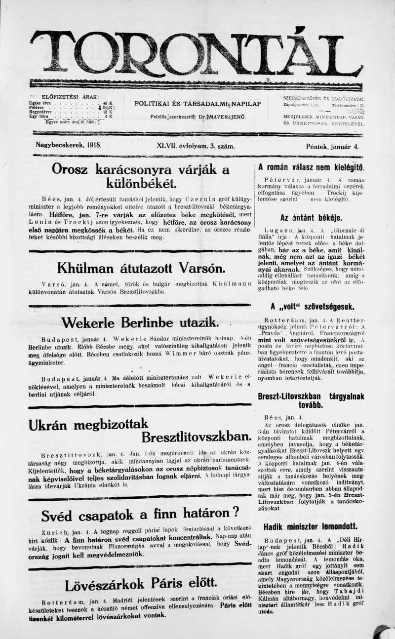 Torontál, 47. évf. 1918. január 4. 3. sz.