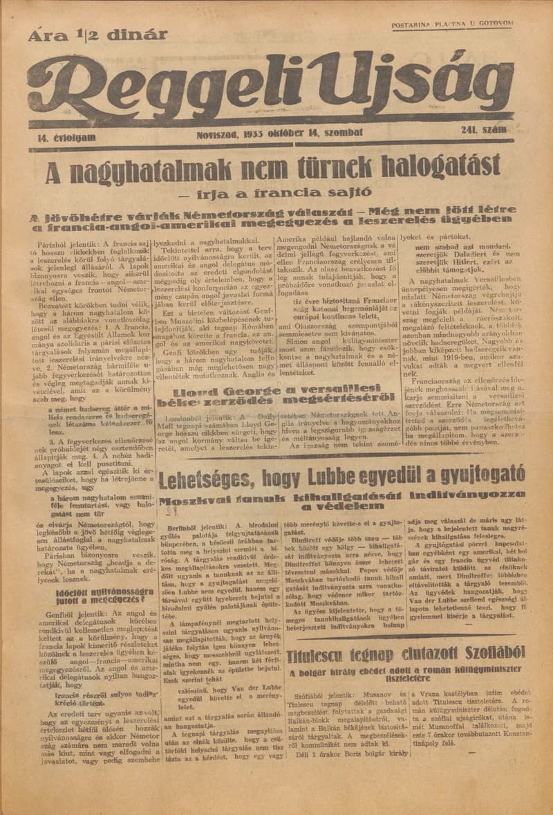 Reggeli Újság, 14. évf. 1933. október 14. 241. sz.