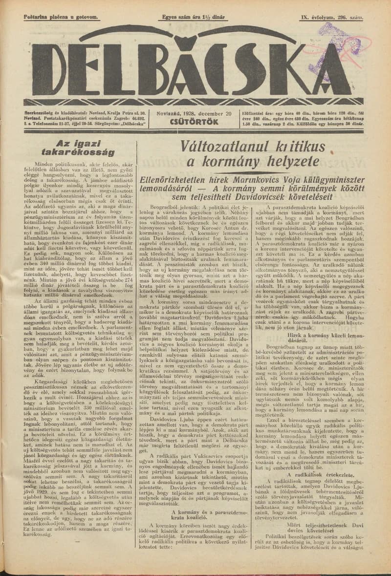 Délbácska, 9. évf. 1928. december 20. 296. sz.