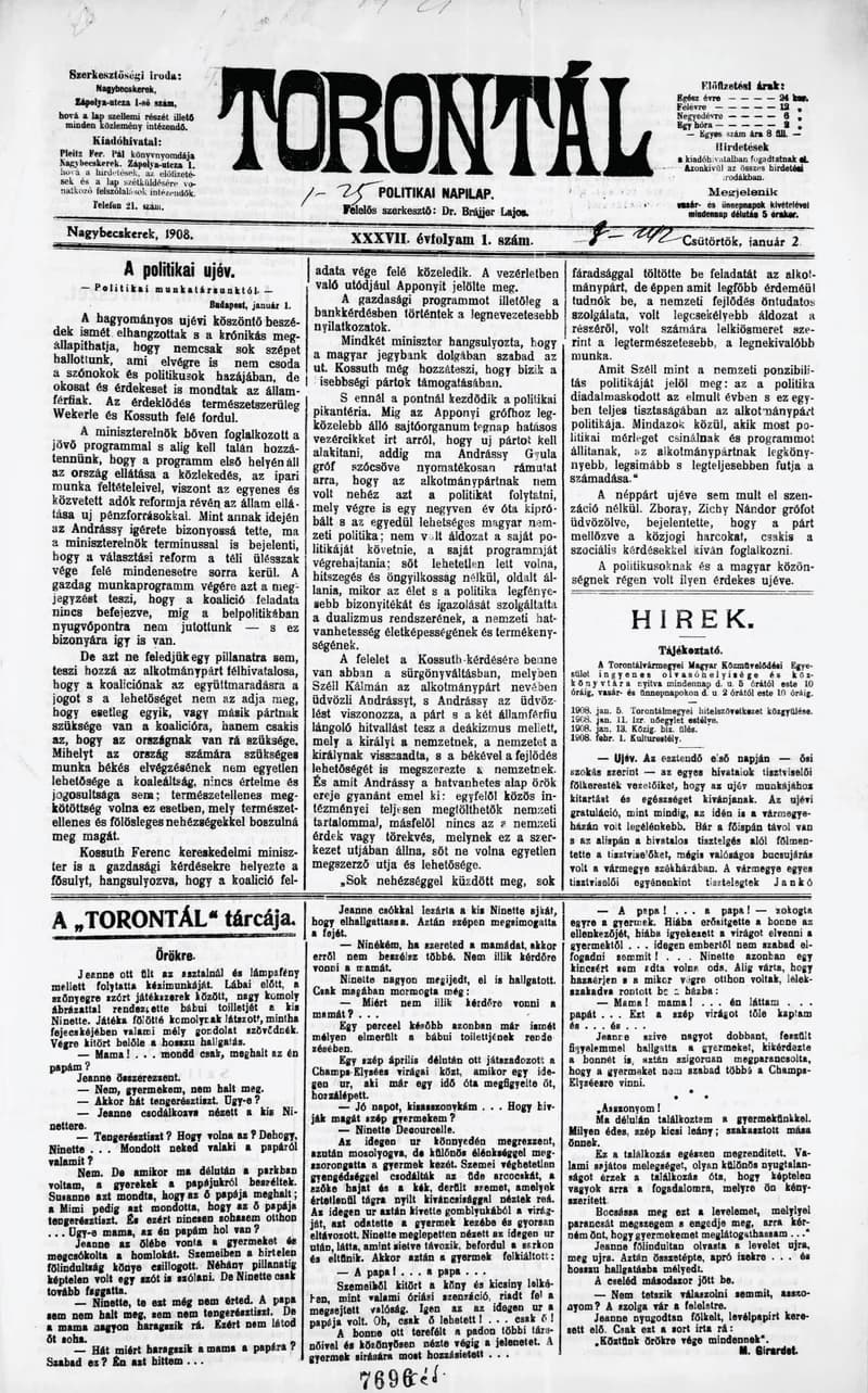 Torontál, 37. évf. 1908. január 2. 1. sz.