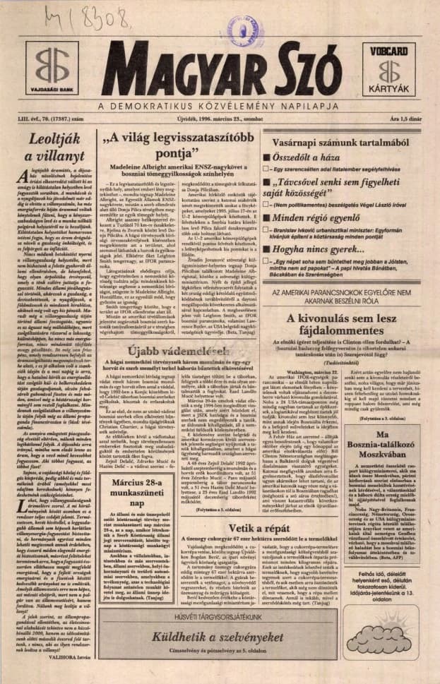 Magyar Szó, 53. évf. 1996. március 23. 70. sz. 1–16. oldal