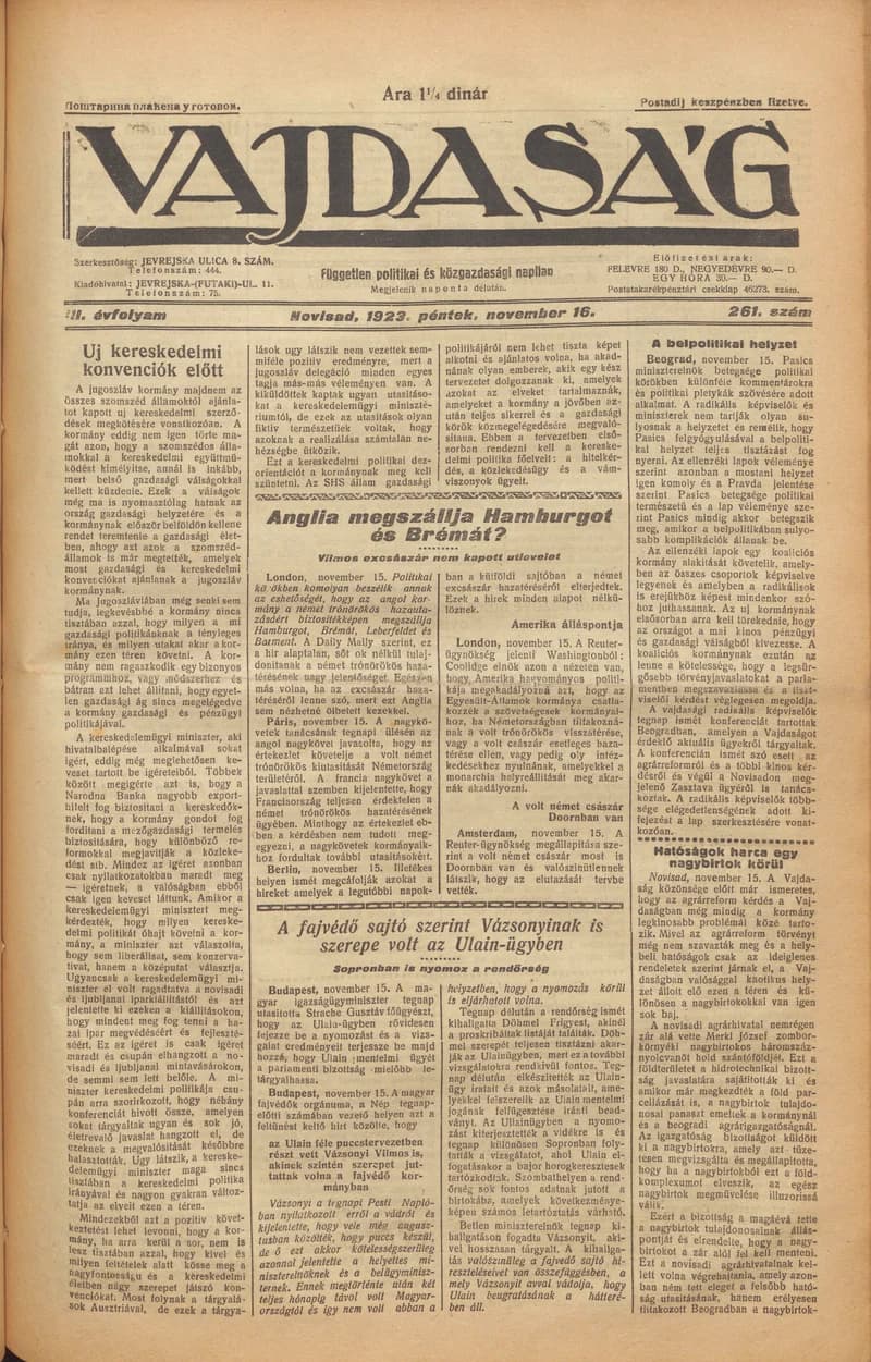 Vajdaság, 3. évf. 1923. november 16. 261. sz.
