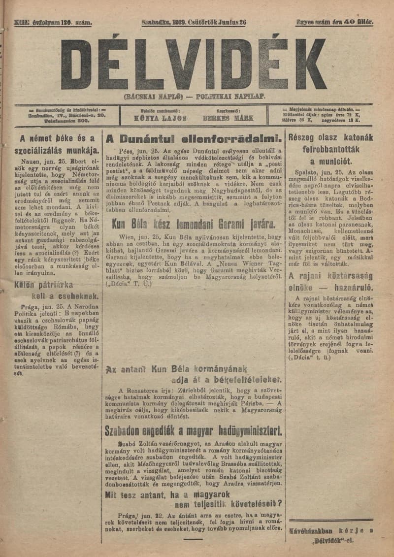 Délvidék, 13. évf. 1919. június 26. 120. sz.