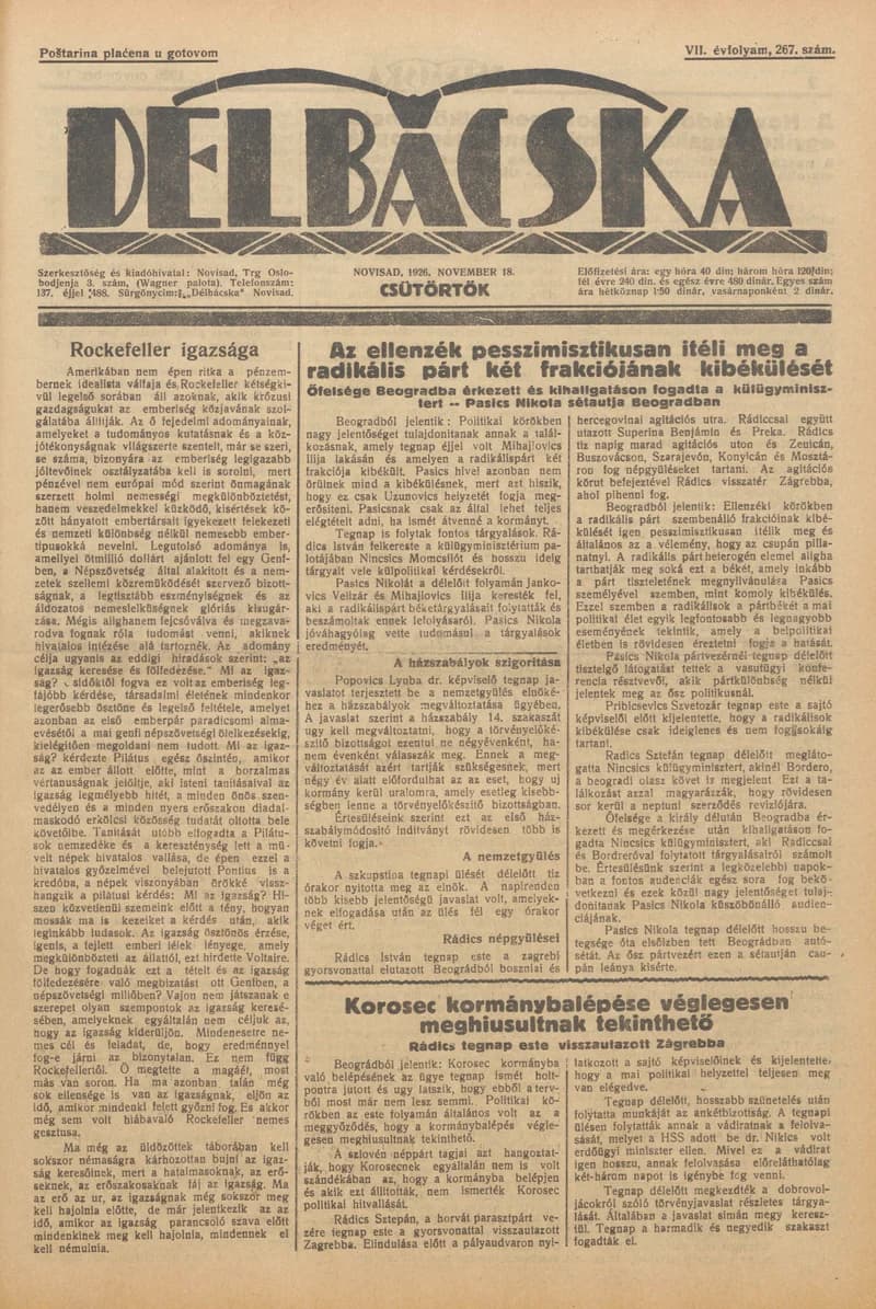 Délbácska, 7. évf. 1926. november 18. 267. sz.