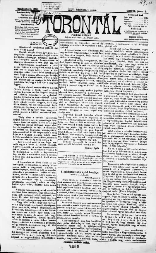 Torontál, 25. évf. 1896. január 2. 1. sz.