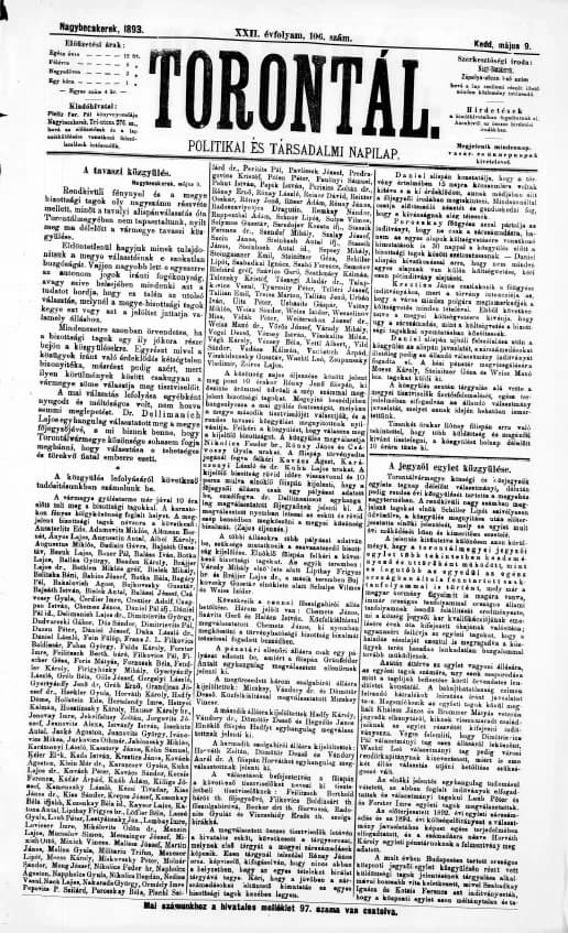 Torontál, 22. évf. 1893. május 9. 106. sz.